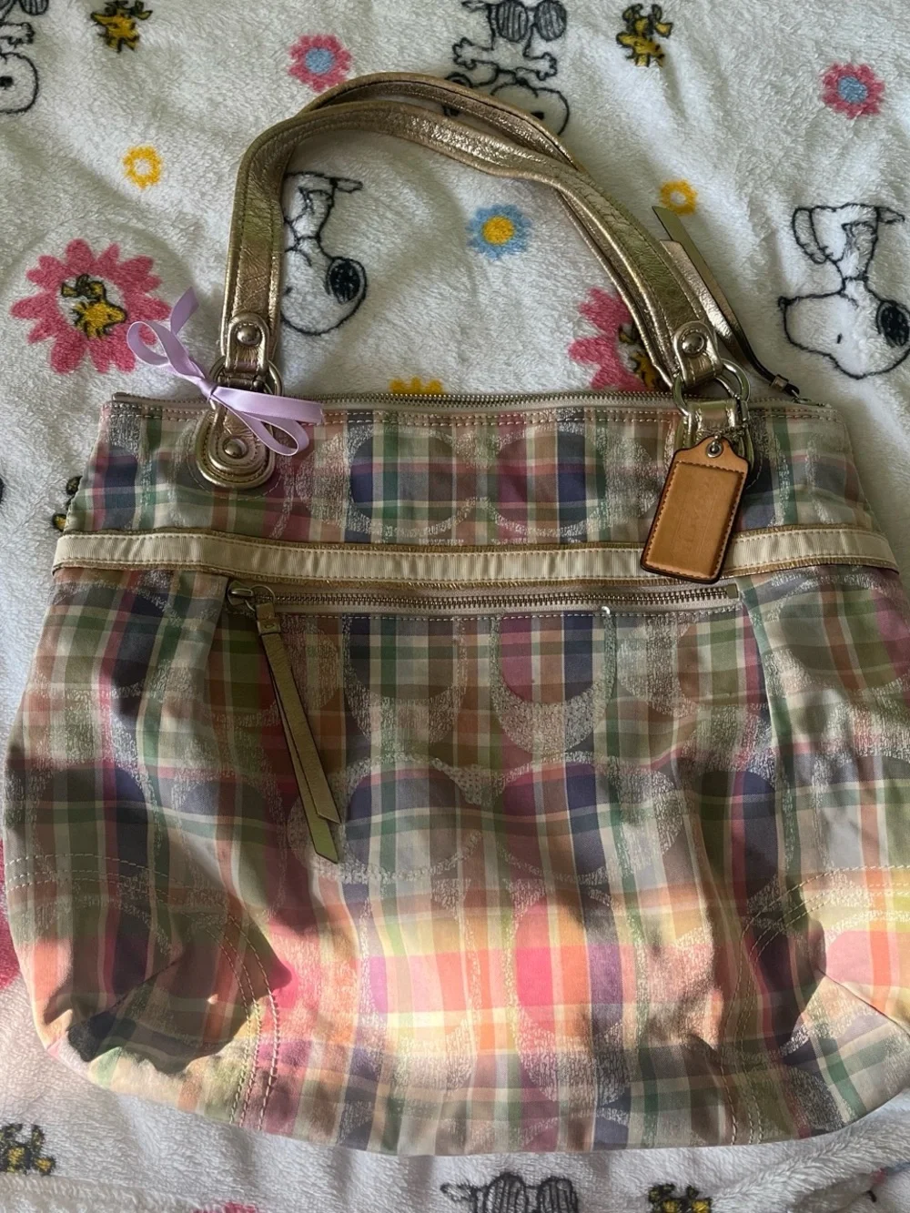Coach Pastel Plaid Shoulder Tote Bag - Gold Trim